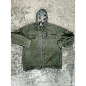 Dickies Work Jacket Mens L Green Cotton Quilted Lined Hooded Snap Front